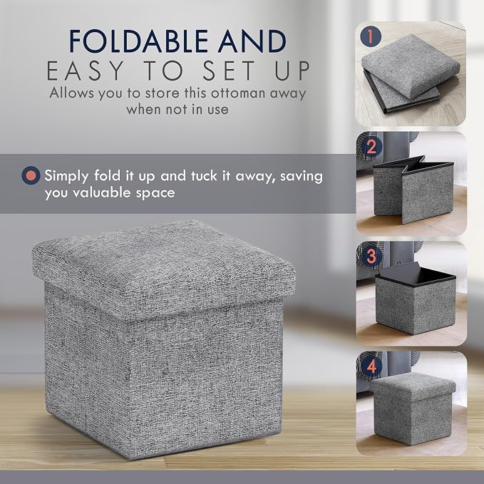 Ornavo Home Small Storage Ottoman Foldable Collapsible Cube Square Linen Ottoman Foot Rest Stool Seat, for Living Room, Bedroom, Home Office, Dorm - 12 x 12 x 12, Gray