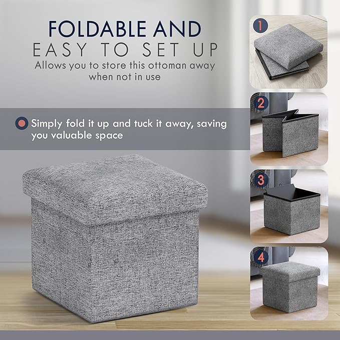 Ornavo Home Small Storage Ottoman, Set of 2 Foldable Collapsible Cube Square Linen Ottoman Foot Rest Stool Seat, for Living Room, Bedroom, Home Office, Dorm - 12 x 12 x 12, Gray