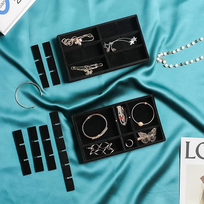 Frebeauty Jewelry Organizer Tray,Stackable Velvet Jewelry Trays,Drawer Inserts Earring Organizer For Women Jewelry Storage Display Case for Rings Stud Necklaces,Set of 4(Black)