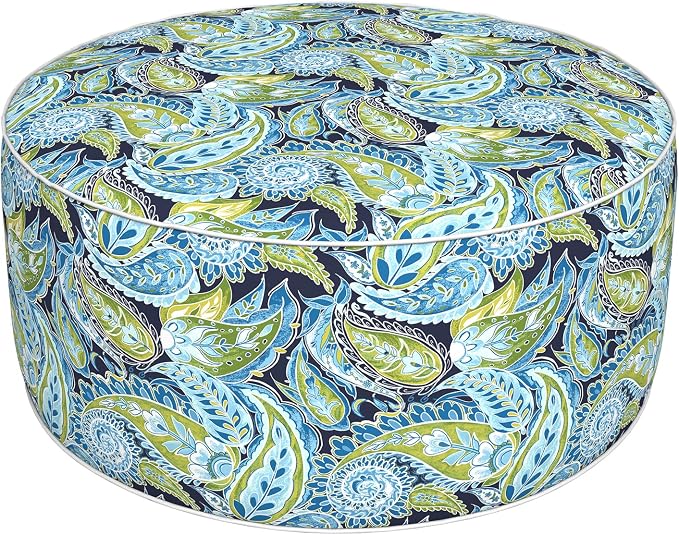 DYTXIII Inflatable Ottoman Stool D31 xH14 for Outdoor/Indoor Use, Water Repellent Patio Foot Rest with Portable Handle,Round Pouf Ottoman Suitable for Garden,Deck and Camping - Paisley Lapis Green