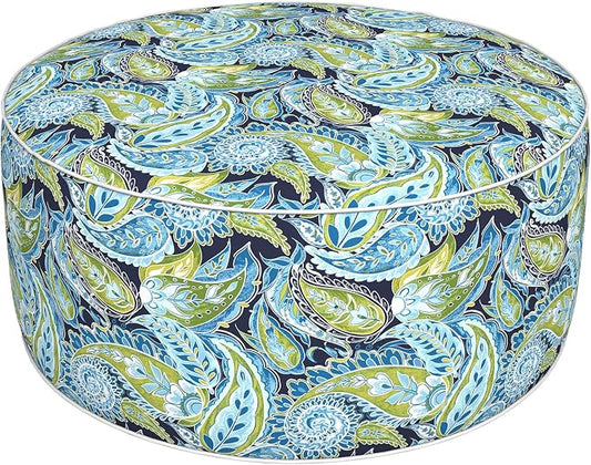 DYTXIII Inflatable Ottoman Stool D31 xH14 for Outdoor/Indoor Use, Water Repellent Patio Foot Rest with Portable Handle,Round Pouf Ottoman Suitable for Garden,Deck and Camping - Paisley Lapis Green