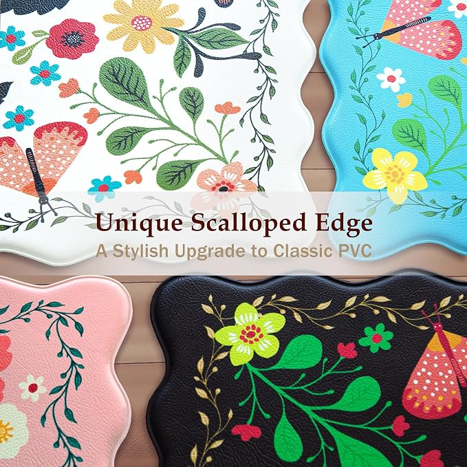 Arenarug Scalloped Black Kitchen Mats for Floor 2PC Cushioned Anti Fatigue Kitchen Mats Rugs Waterproof Non Slip Farmhouse Boho Floral Comfort Foam Standing Mat for Sink Laundry