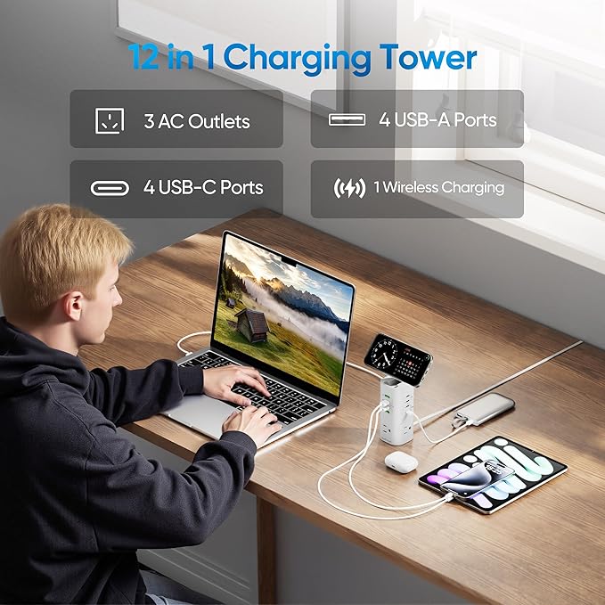 TenTrend 160W Fast Charging Tower Power Strip, Surge Protector with 3 AC Outlets & 8 USB Ports (4 USB-C), 5FT Flat Plug Extension Cord for Home, Office, Dorm Room