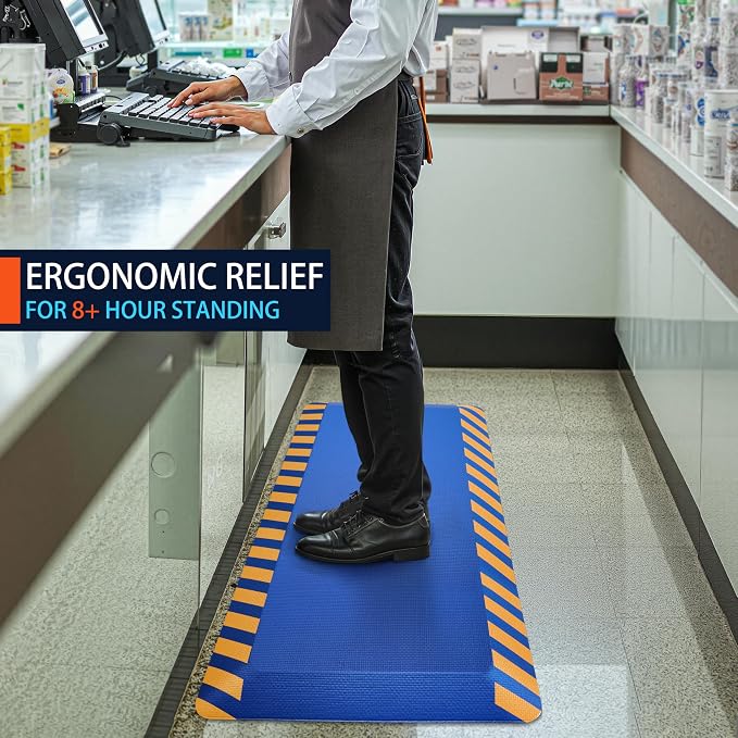 FEATOL Anti Fatigue Mat Industrial, Ergonomic Standing Floor Mat for Work for Stand -Safety Support for Leg & Back Pain(Blue with Yellow Border, 20" x 59", 1PC)