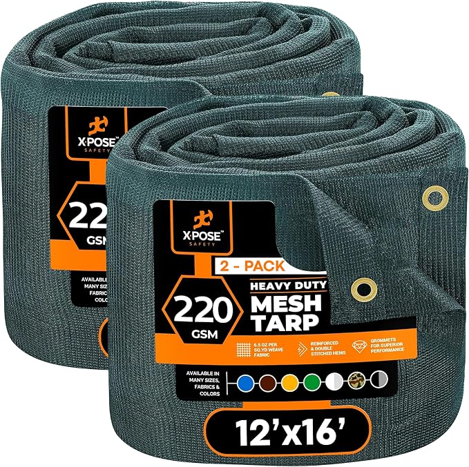Xpose Safety Heavy Duty Green Mesh Tarp 12' x 16' (2-Pack) – 70% Sunblock Shade Cloth with Grommets for Garden, Fence, Privacy Screen, Canopies, Dump Trucks, Pool Cover – Tear & Weather Resistant
