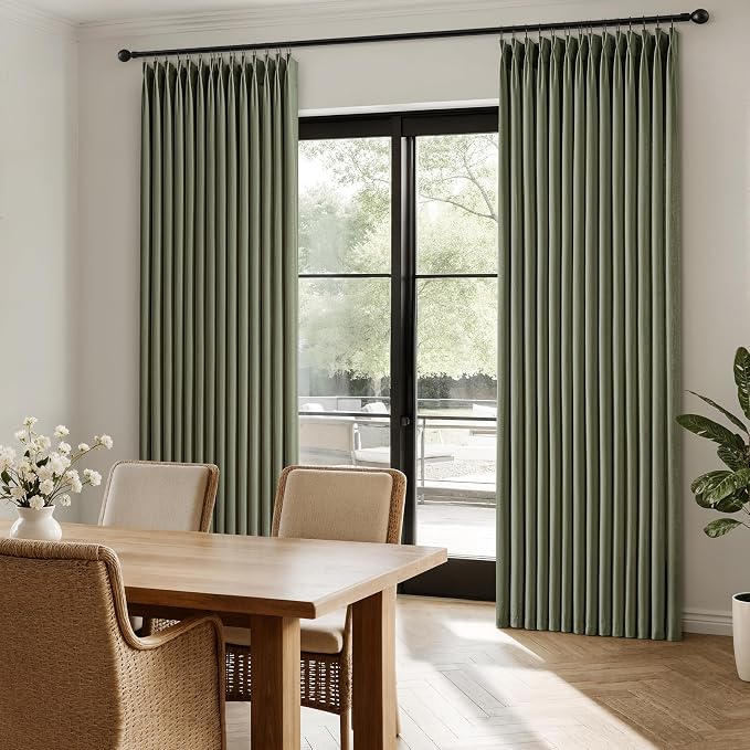 Memory Trained Pinch Pleated Curtains 96 Inches Long, Linen Pinch Pleat Sheer Curtains with Ring Hooks&Clips for Track System Living Room, Oliver Green Light Filtering Privacy Curtain 2 Panel Set