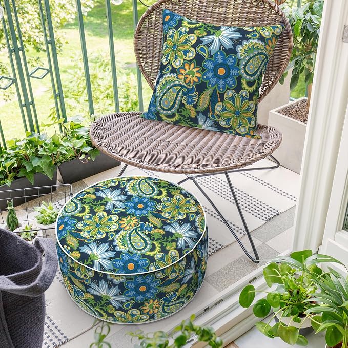 DYTXIII Inflatable Ottoman Stool D21 xH9 for Outdoor/Indoor Use, Water Repellent Patio Foot Rest with Portable Handle,Round Pouf Ottoman Suitable for Garden,Deck and Camping-Flower Child