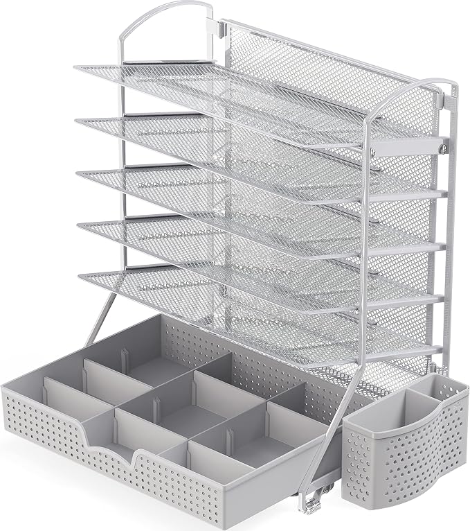 Simple Houseware 6-Tier Desk Document File Tray Organizer with Sliding Drawer, Silver
