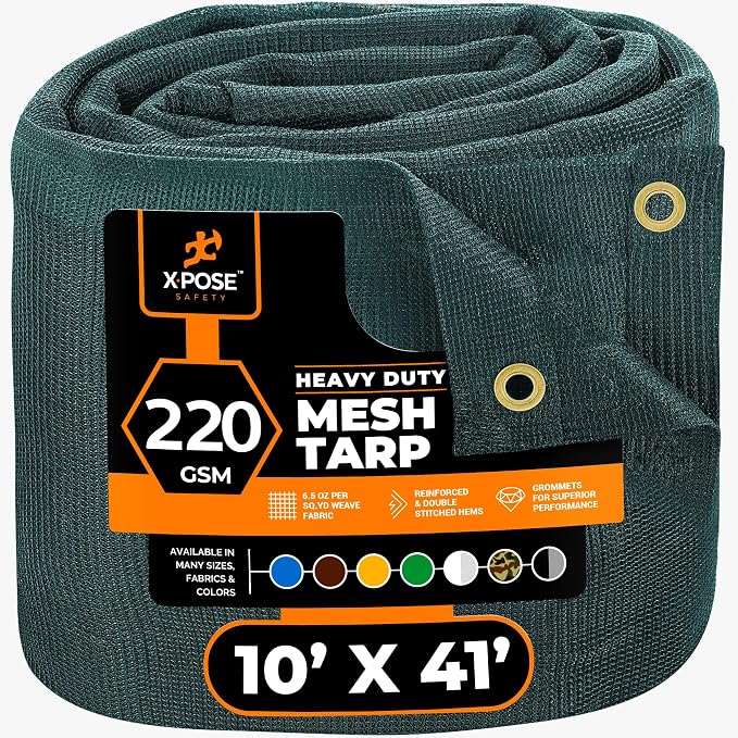 Xpose Safety Heavy Duty Green Mesh Tarp 10' x 41' – 70% Sunblock Shade Cloth with Grommets for Garden, Fence, Privacy Screen, Canopies, Dump Trucks, Pool Cover – Tear & Weather Resistant