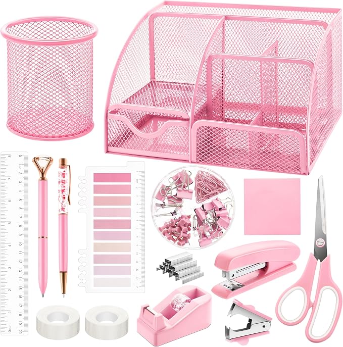 Fayoo 11 Pcs Pink Office Supplies Set Mesh Desk Organizer Accessories Kit include Stapler Tape Dispenser Staple Remover Clips Ruler Scissors Sticky Notes for Office School Home Women (Pink)