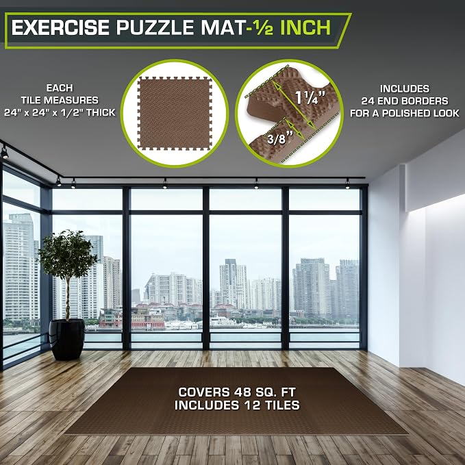 ProsourceFit Exercise Puzzle Mat ½-inch, EVA Interlocking Foam Floor Tiles for Home Gym, Workout Equipment, Kids Play Areas, Brown, 48 Sq Ft - 12 Tiles