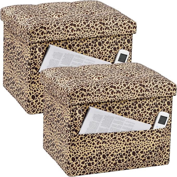 Bsketa Storage Ottoman Foot Rest Stool, Small Velvet Storage Ottomans Bench, Folding Footstool with Side Pockets, Foot Rest Under Desk for Living Room Bedroom, 17x13x13 in, Leopard Print 2 Pack