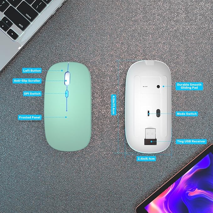 AIKOKOK Wireless Bluetooth Mouse, Rechargeable, Dual Mode Bluetooth 5.2 & 2.4G USB, LED Lights, Slim, Silent, Portable Computer Mouse for Laptop, PC, MacBook, iPad, Tablet (Green)