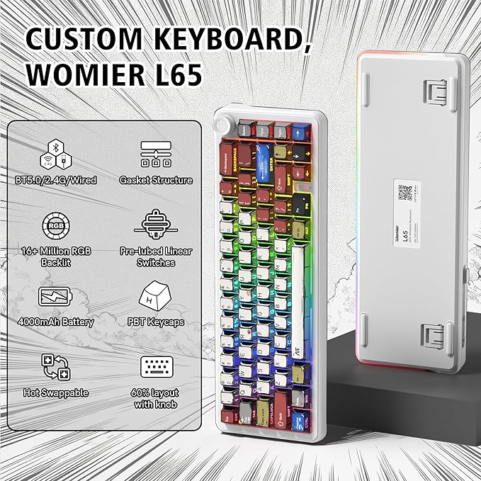 womier L65 60% Mechanical Keyboard Wireless with Knob, White Gaming Keyboard 4000mAh Battery, Tri Mode USB-C/BT5.0/2.4G Gasket Mounted Key Board RGB Hot Swappable with Anime keycaps-Linear Switch