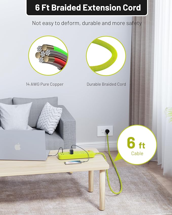 USB Surge Bar 6 Power Strip - 6 Outlets 4 USB Ports(1 USB C), Multi Plug Outlet Extender with 6Ft Braided Extension Cord, 3600 J, Wall Mount, Flat Plug, Desk Charging Station for Office Home