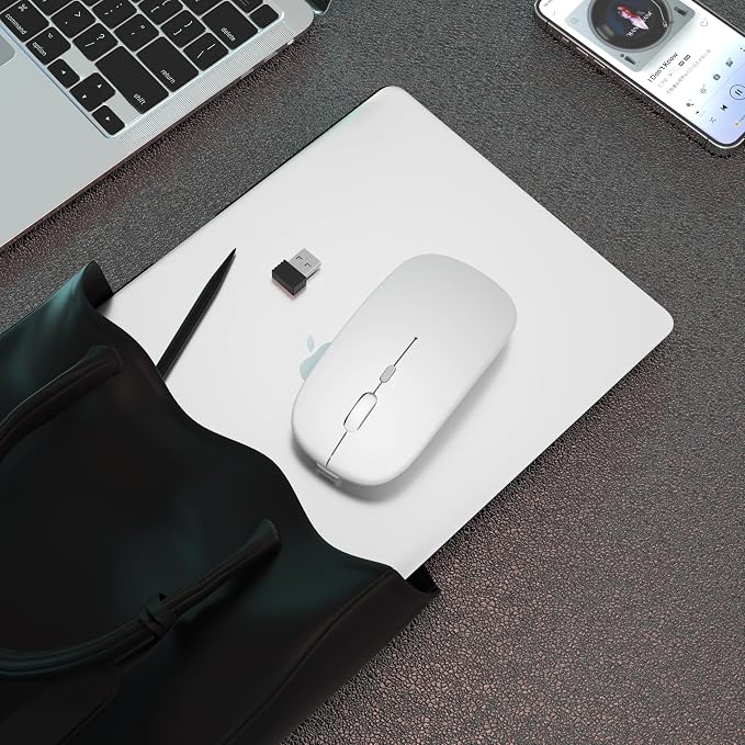 AIKOKOK Wireless Bluetooth Mouse, Rechargeable, Dual Mode Bluetooth 5.2 & 2.4G USB, LED Lights, Slim, Silent, Portable Computer Mouse for Laptop, PC, MacBook, iPad, Tablet (Bright White)