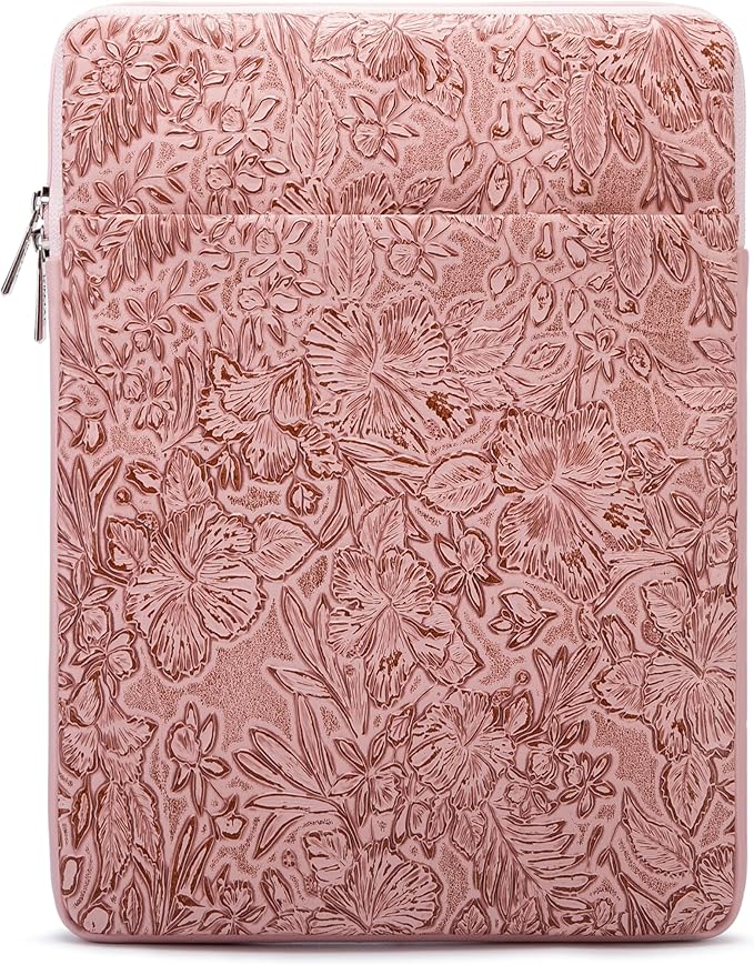Kinmac 360° Protective Vertical Laptop Sleeve Case Cover Bag (Pink Flower PU, 13.5 inch-14 inch)