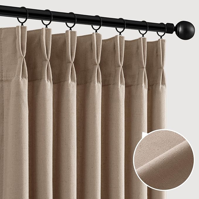 Memory Trained Pinch Pleated Curtains 90 Inches Long, Viral Linen Pinch Pleat Sheer Curtains with Ring Hooks&Clips for Track System Living Room, Taupe Light Filtering Privacy Curtain 2 Panel Set