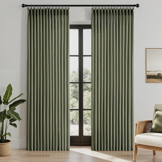 Memory Trained Pinch Pleated Curtains 92 Inches Long, Linen Pinch Pleat Sheer Curtains with Ring Hooks&Clips for Track System Living Room, Oliver Green Light Filtering Privacy Curtain 2 Panel Set