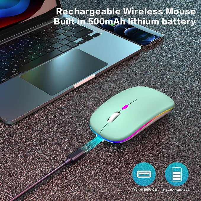 AIKOKOK Wireless Bluetooth Mouse, Rechargeable, Dual Mode Bluetooth 5.2 & 2.4G USB, LED Lights, Slim, Silent, Portable Computer Mouse for Laptop, PC, MacBook, iPad, Tablet (Green)
