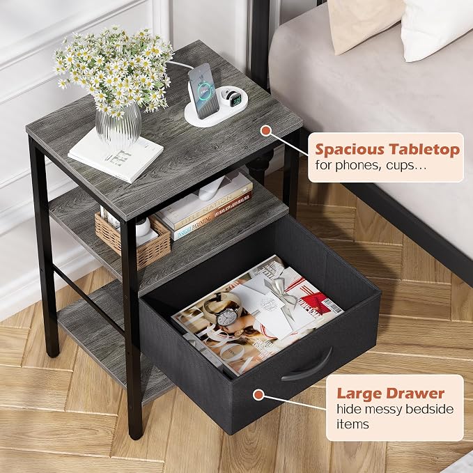 SUPERJARE Nightstand with Charging Station, Bed Side Table with Adjustable Fabric Drawer, Night Stand for Bedroom, 3-Tier Storage End Table, for Living Room, Charcoal Gray
