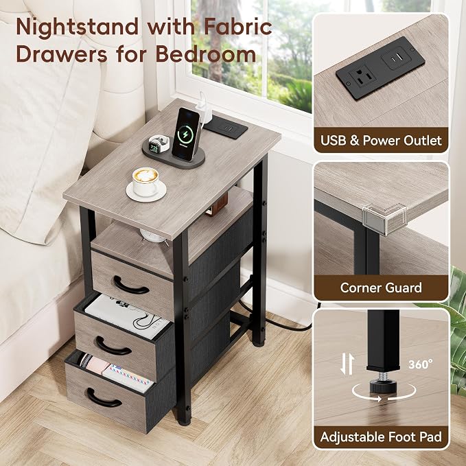 Vagusicc Set of 2 Narrow Nightstand with Charging Station, Slim Dresser for Bedroom Narrow Side Table Storage Cabinet with 3 Drawers, Tall Night Stand End Table for Small Spaces, Greige