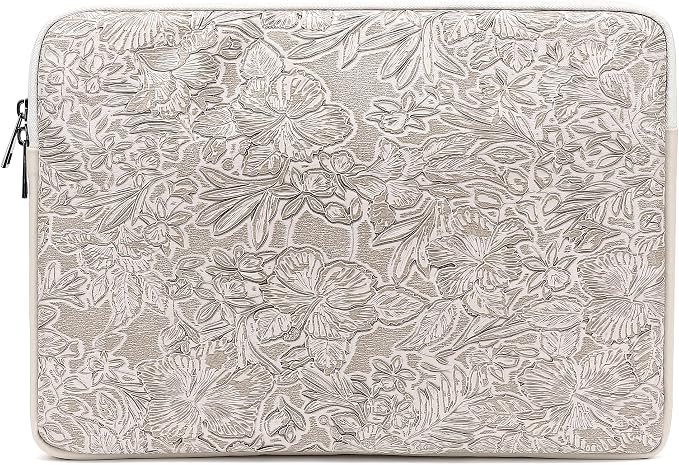 Embossing Floral Pattern PU Leather Laptop Sleeve Case with Pocket for MacBook Pro 16 inch and 16 inch-16.2 inch HP, Lenovo, Dell, ASUS, Acer Notebook Computer (Ivory White)