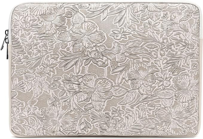 Embossing Floral Pattern PU Leather Laptop Sleeve Case with Pocket for MacBook Pro 14 inch and 14 inch-14.4 inch HP, Lenovo, Dell, ASUS, Acer Notebook Computer (Ivory White)