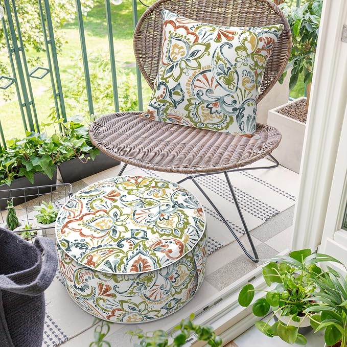 DYTXIII Inflatable Ottoman Stool D21 xH9 for Outdoor/Indoor Use, Water Repellent Patio Foot Rest with Portable Handle,Round Pouf Ottoman Suitable for Garden,Deck and Camping-Paisley Botanical