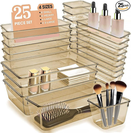 Kitchen Desk Drawer Organizers Storage for Office, Small Acrylic Vanity Trays Makeup Organizer for Drawer Bathroom Plastic Make up Organizers 25 Pcs Clear Champagne