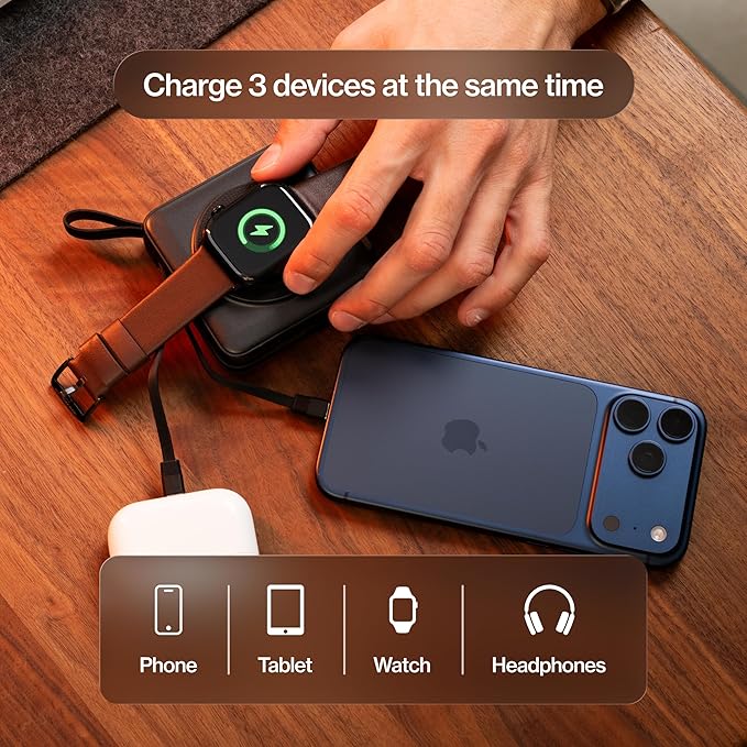 Statik SmartCharge Power Bank, 5-in-1 Travel Charger with Wall Plug & Built-in USB C Cables, Watch Charger for Apple Watch, 10000mAh & European Portable Charger, Compatible with iPhone, iPad, Samsung