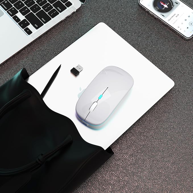 AIKOKOK Wireless Bluetooth Mouse, Rechargeable, Dual Mode Bluetooth 5.2 & 2.4G USB, LED Lights, Slim, Silent, Portable Computer Mouse for Laptop, PC, MacBook, iPad, Tablet (Silver)