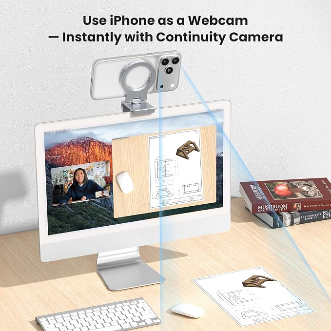 Itramax Continuity Camera Mount for iMac&Desktop Monitor,360° Adjustable iPhone Webcam Stand Holder with Metal Ring for MagSafe iPhone 17 17e/16/15/14/13/12/11/XR/XS,MacBook,Apple TV 4K,Studio Display