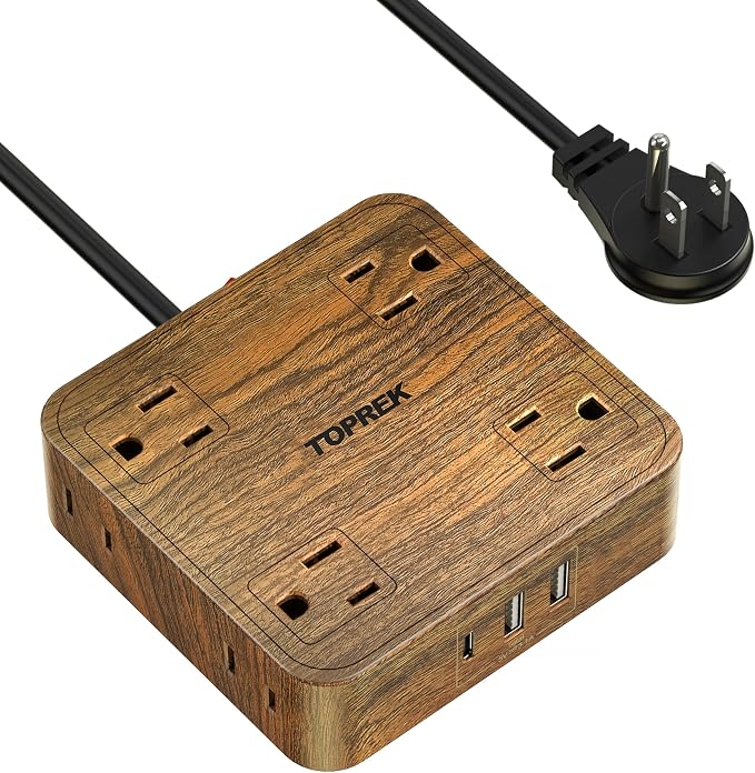 TOPREK Power Strip Surge Protector (1080J), 8 Widely-Spaced Outlets with 1 USB-C & 2 USB-A, Wood Finish Power Strip with USB for Home, Office, Dorm, Travel, 5 FT Extension Cord with Flat Plug