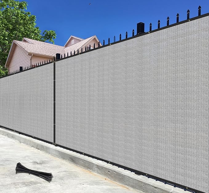 Bynbbur 6' x 57' Privacy Fence Screen Gray Net Fencing 90% Blockage Windscreen Mesh Shade Cover with Copper Grommet for Patio Backyard Garden Deck Pool, Zip Ties Included