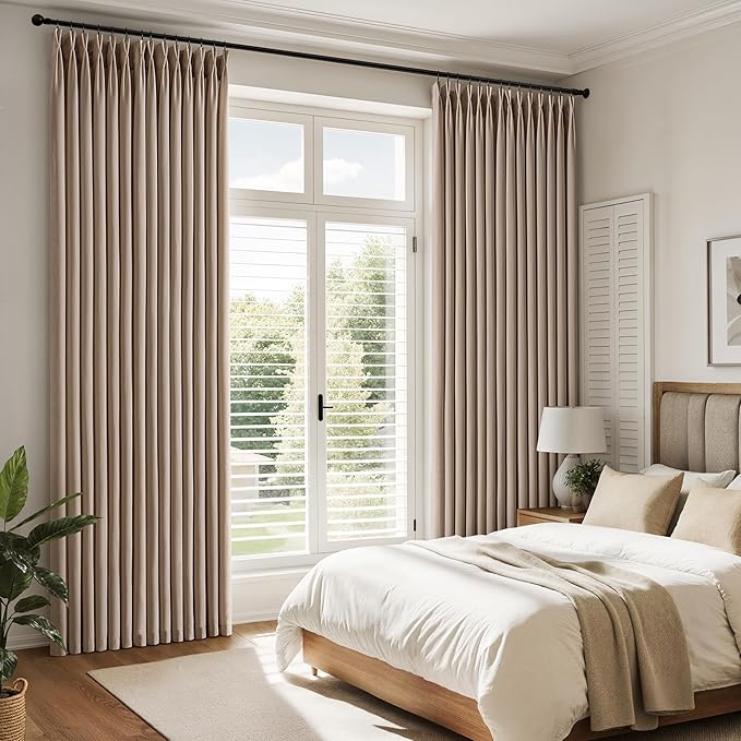 Memory Trained Pinch Pleated Curtains 90 Inches Long, Viral Linen Pinch Pleat Sheer Curtains with Ring Hooks&Clips for Track System Living Room, Taupe Light Filtering Privacy Curtain 2 Panel Set