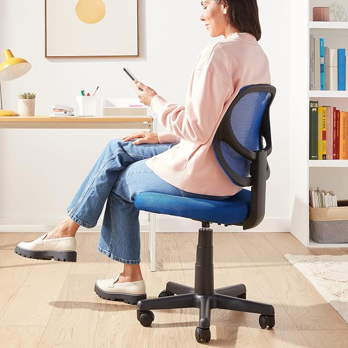 Amazon Basics Low Back Office Chair, Breathable Mesh, Height Adjustable, Padded Seat, Rolling Wheels, Swivel, Blue, 21.25" D x 22.5" W x 38" H