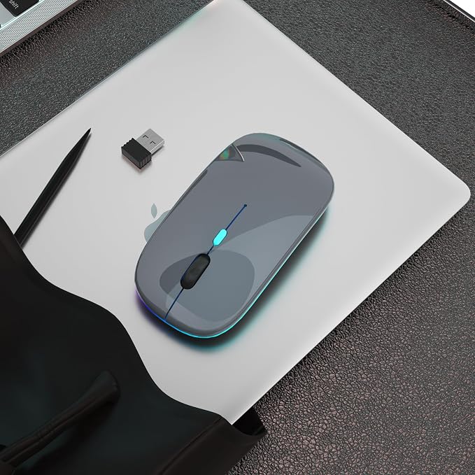 AIKOKOK Wireless Bluetooth Mouse, Rechargeable, Dual Mode Bluetooth 5.2 & 2.4G USB, LED Lights, Slim, Silent, Portable Computer Mouse for Laptop, PC, MacBook, iPad, Tablet (Grey)
