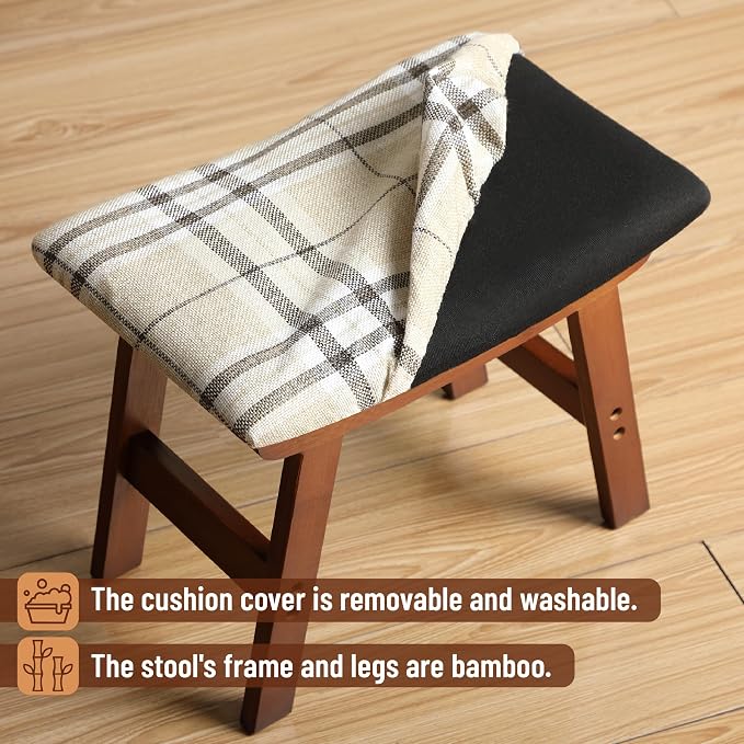 BAMBOO LAND- Bamboo Foot Stools Ottoman, Beige Cushion & Brown Wood Legs, Small Ottoman Foot Rest for Couch