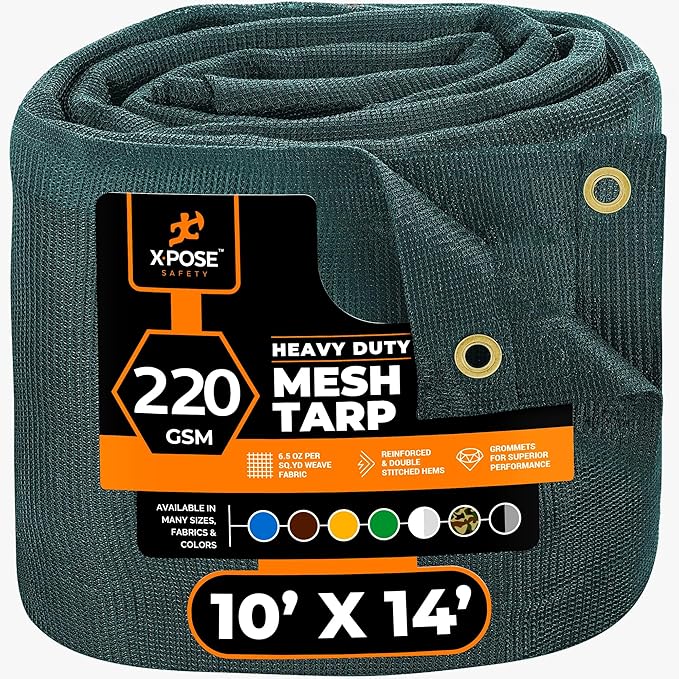 Xpose Safety Heavy Duty Green Mesh Tarp 10' x 14' – 70% Sunblock Shade Cloth with Grommets for Garden, Fence, Privacy Screen, Canopies, Dump Trucks, Pool Cover – Tear & Weather Resistant