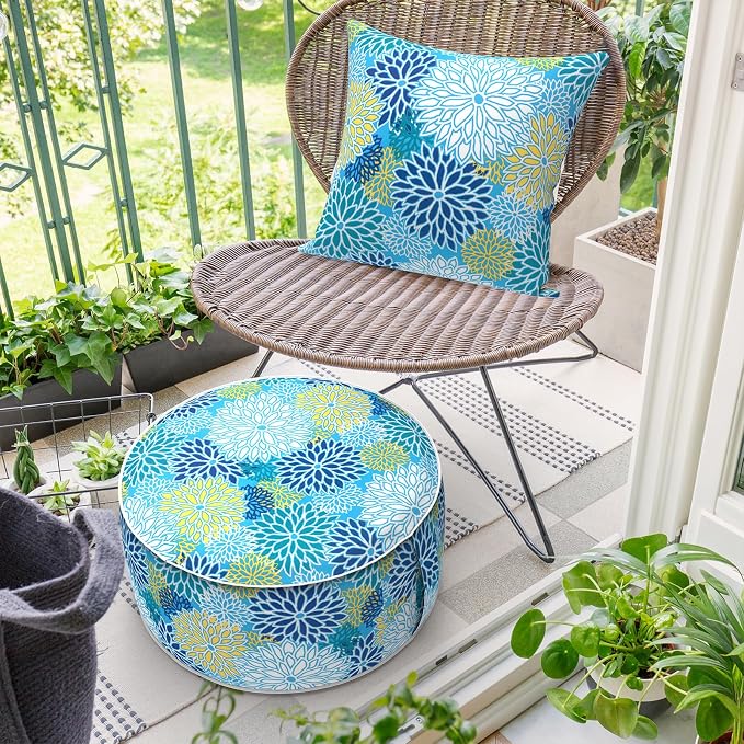 DYTXIII Inflatable Ottoman Stool D21 xH9 for Outdoor/Indoor Use, Water Repellent Patio Foot Rest Stool with Portable Handle,Round Pouf Ottoman Suitable for Garden,Deck and Camping - Dahlia Blue