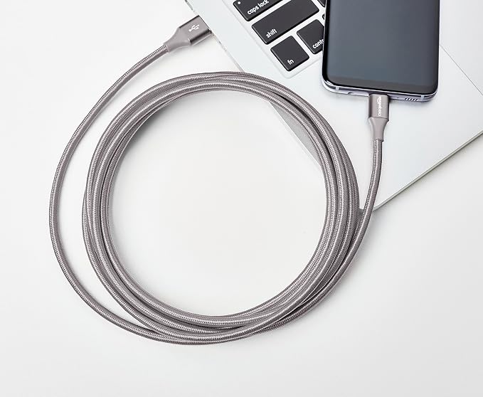 Amazon Basics USB-C to USB-A 3.1 Gen 1 Fast Charger Cable, Double Braided Nylon Cord, 5Gbps High-Speed for Apple iPhone 16/15, iPad, Samsung Galaxy, Tablets, Laptops, 10 Foot, Dark Gray (Pack of 2)