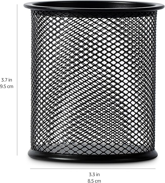 Amazon Basics Wire Mesh Pen Holder, Pencil Cup Desk Organizer for Stationery, Scissors, Office Caddy Storage, 3.7" x 3.3", Black