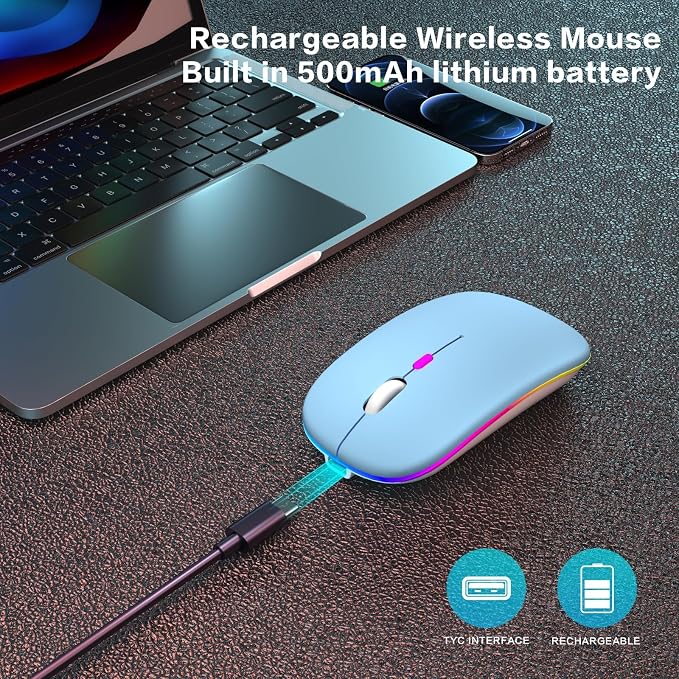 AIKOKOK Wireless Bluetooth Mouse, Rechargeable, Dual Mode Bluetooth 5.2 & 2.4G USB, LED Lights, Slim, Silent, Portable Computer Mouse for Laptop, PC, MacBook, iPad, Tablet (Blue)