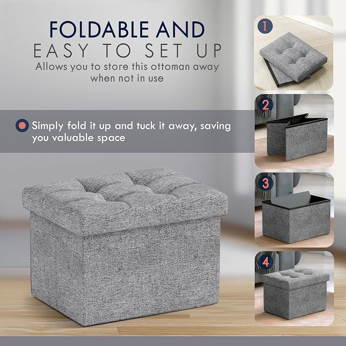 Ornavo Home Small Storage Ottoman, Set of 2, Foldable Collapsible Rectangle Linen Ottoman Foot Rest Stool Seat, for Living Room, Bedroom, Home Office, Dorm - 12 x 16 x 12, Gray