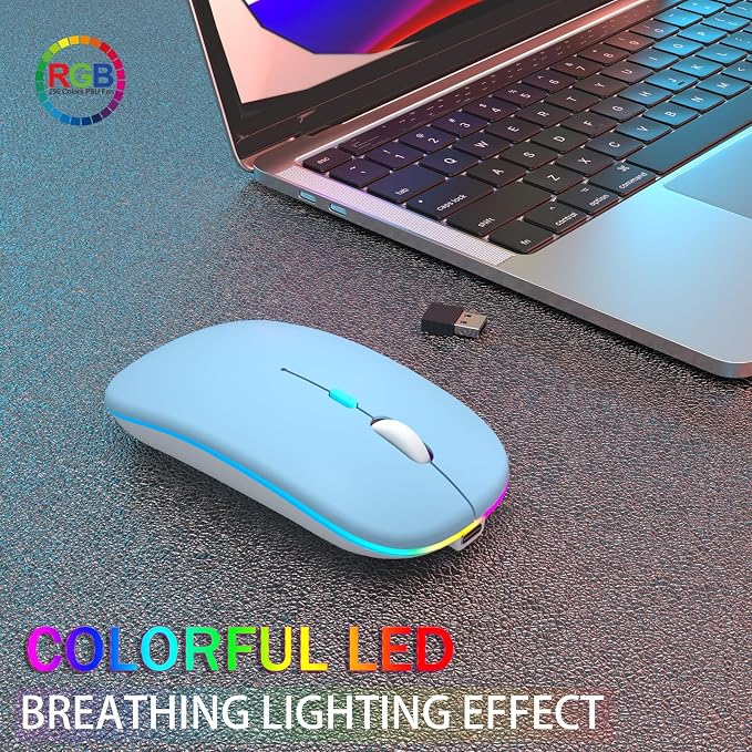 AIKOKOK Wireless Bluetooth Mouse, Rechargeable, Dual Mode Bluetooth 5.2 & 2.4G USB, LED Lights, Slim, Silent, Portable Computer Mouse for Laptop, PC, MacBook, iPad, Tablet (Blue)