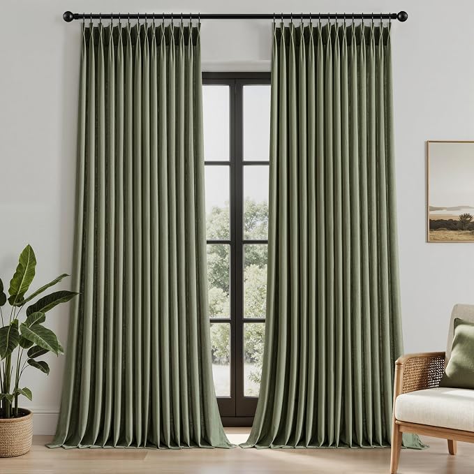 Memory Trained Pinch Pleated Curtains 108 Inches Long, Linen Pinch Pleat Sheer Curtains with Ring Hooks&Clips for Track System Living Room, Oliver Green Light Filtering Privacy Curtain 2 Panel Set