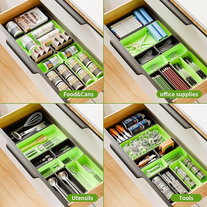[5 Sizes] [69 PCS] Tool Drawer Organizer, Tool Box Tray, Desk Drawer Tray, Rolling Tool Chest, Toolbox (Black+Green)