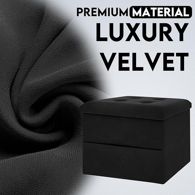 Zoes Homeware Small Storage Ottoman Foot Rest, Velvet Ottoman with Storage and Side Pocket, Black Foot Rest for Couch, Foldable Footstool for Chair, Living Room&Dorm, 16"x12"x12"
