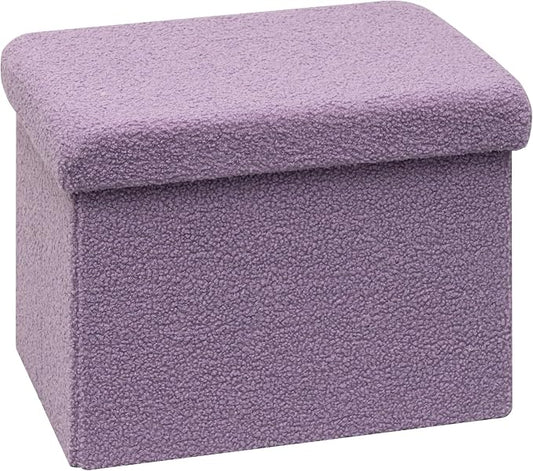 PINPLUS Storage Ottoman Cube Ottoman Foot Rest,Small Foldable Portable Boucle Upholstered Sherpa Ottomans, Faux Teddy Fur, Purple 16.5"x12.6"x12.6"